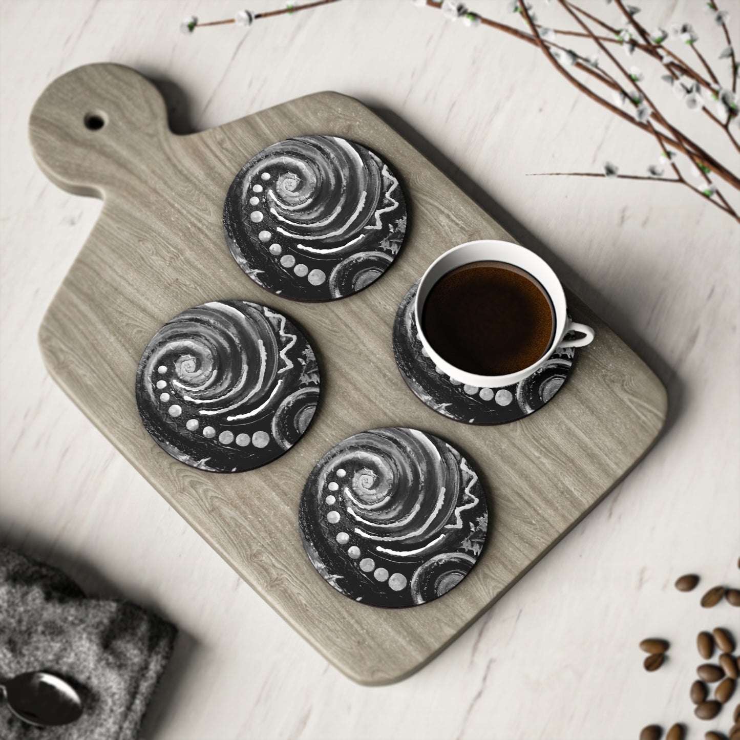 Coasters - koru black design - sold separately or as a 4-piece set