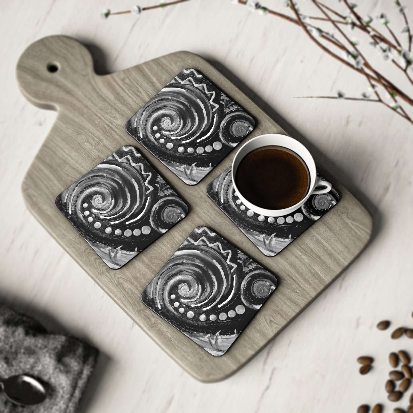 Coasters - koru black design - sold separately or as a 4-piece set